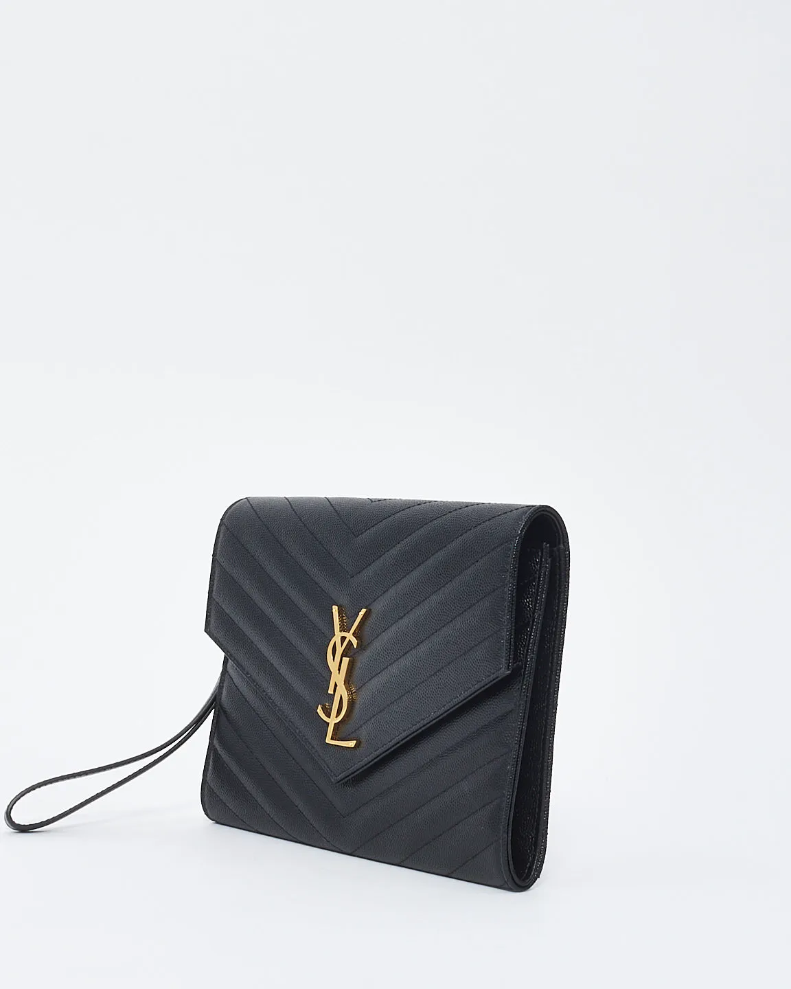 Saint Laurent Black Grained Leather Matlassé Wristlet Cassandra Clutch