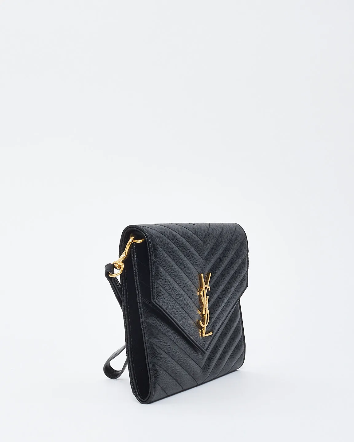Saint Laurent Black Grained Leather Matlassé Wristlet Cassandra Clutch