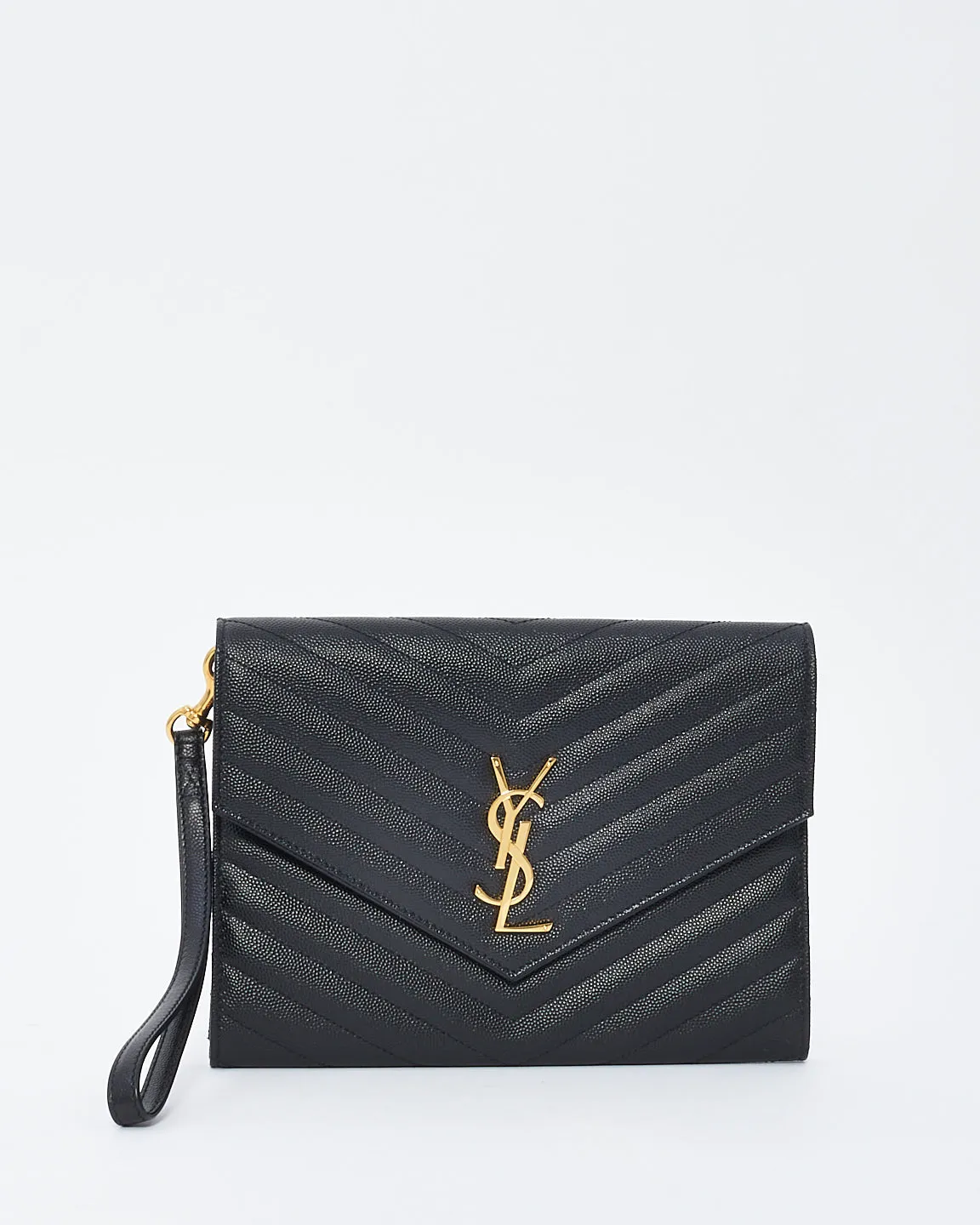 Saint Laurent Black Grained Leather Matlassé Wristlet Cassandra Clutch