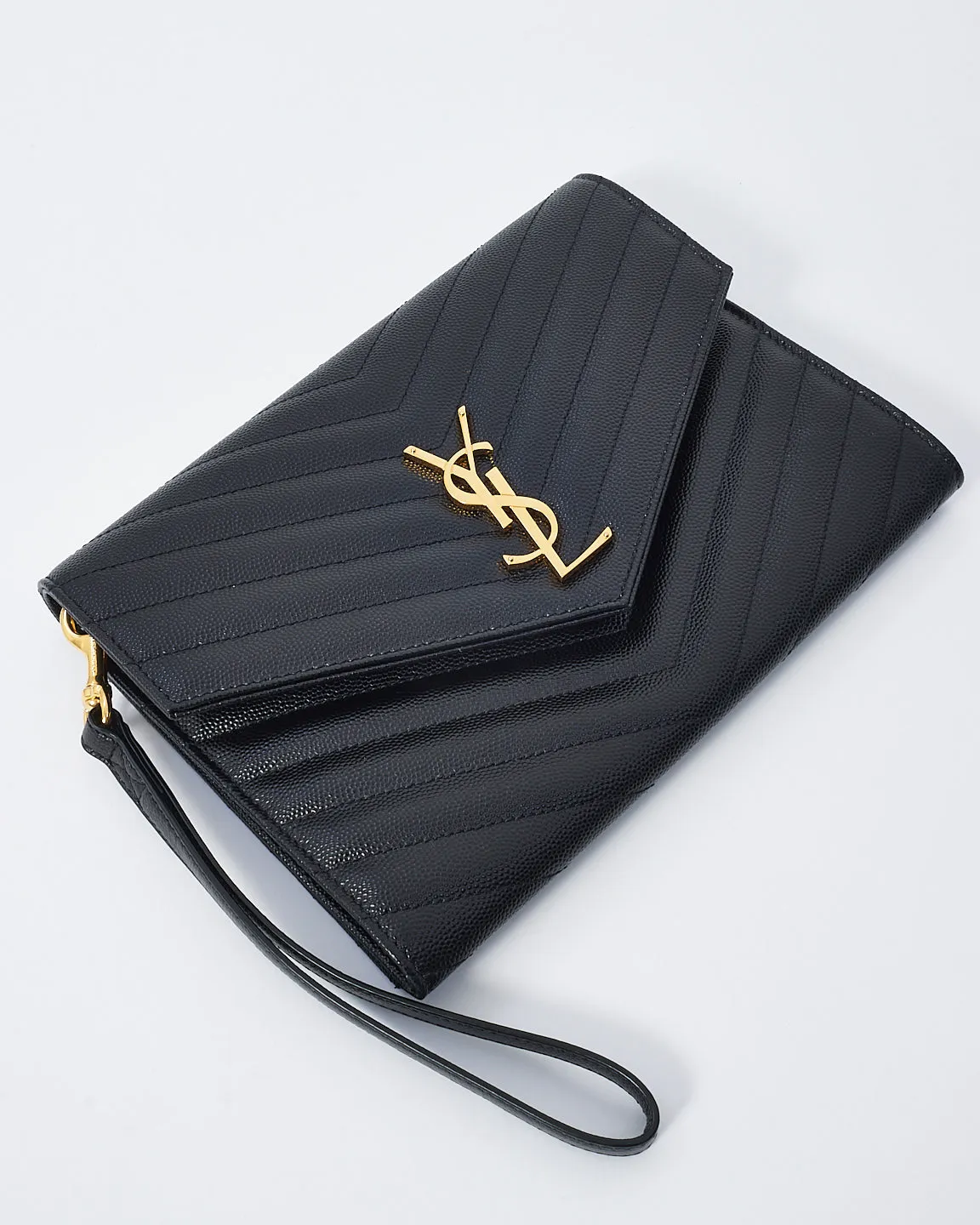 Saint Laurent Black Grained Leather Matlassé Wristlet Cassandra Clutch