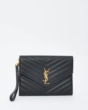 Saint Laurent Black Grained Leather Matlassé Wristlet Cassandra Clutch