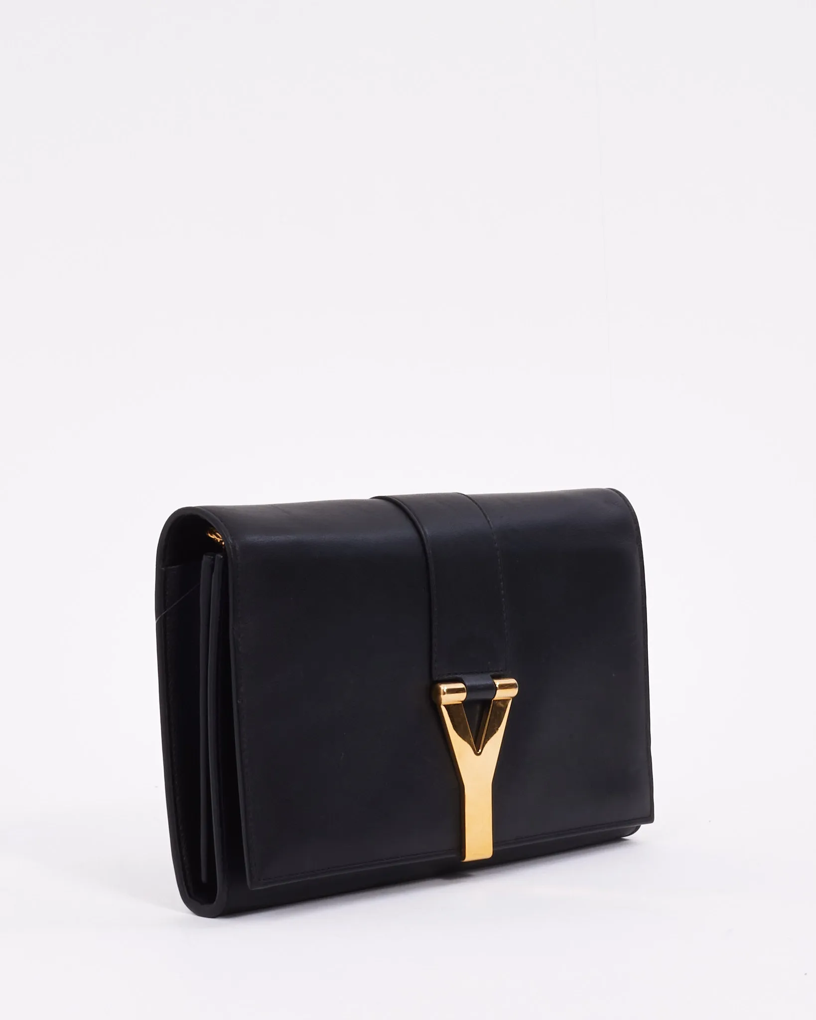 Saint Laurent Black Leather Y Chyc Clutch with Chain Strap