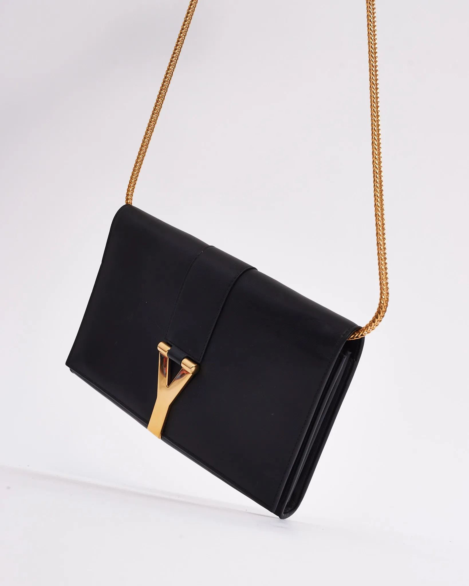 Saint Laurent Black Leather Y Chyc Clutch with Chain Strap