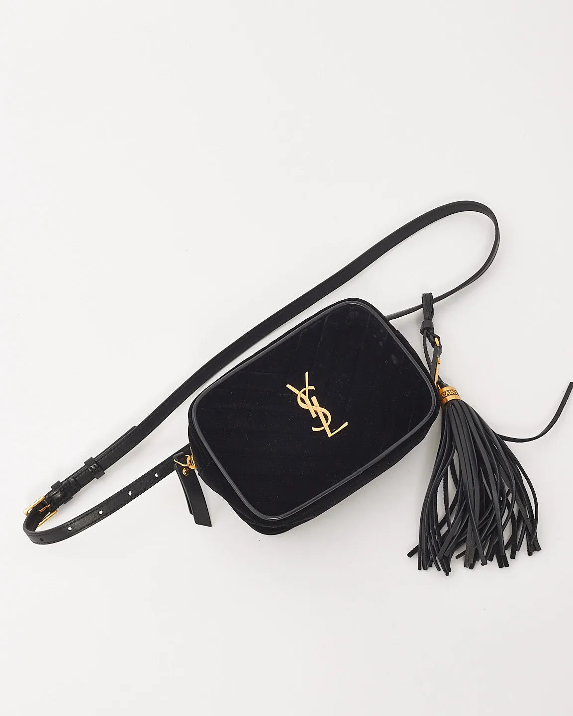 Saint Laurent Black Velvet Monogram Chevron Belt Bag