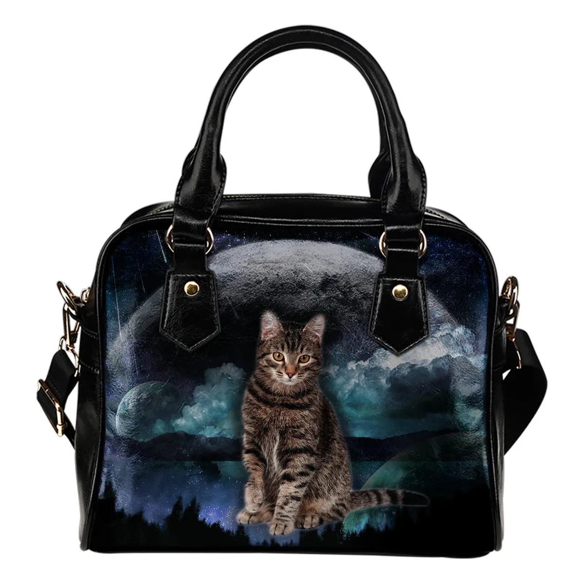 Striped Cat Planet Shoulder Handbag