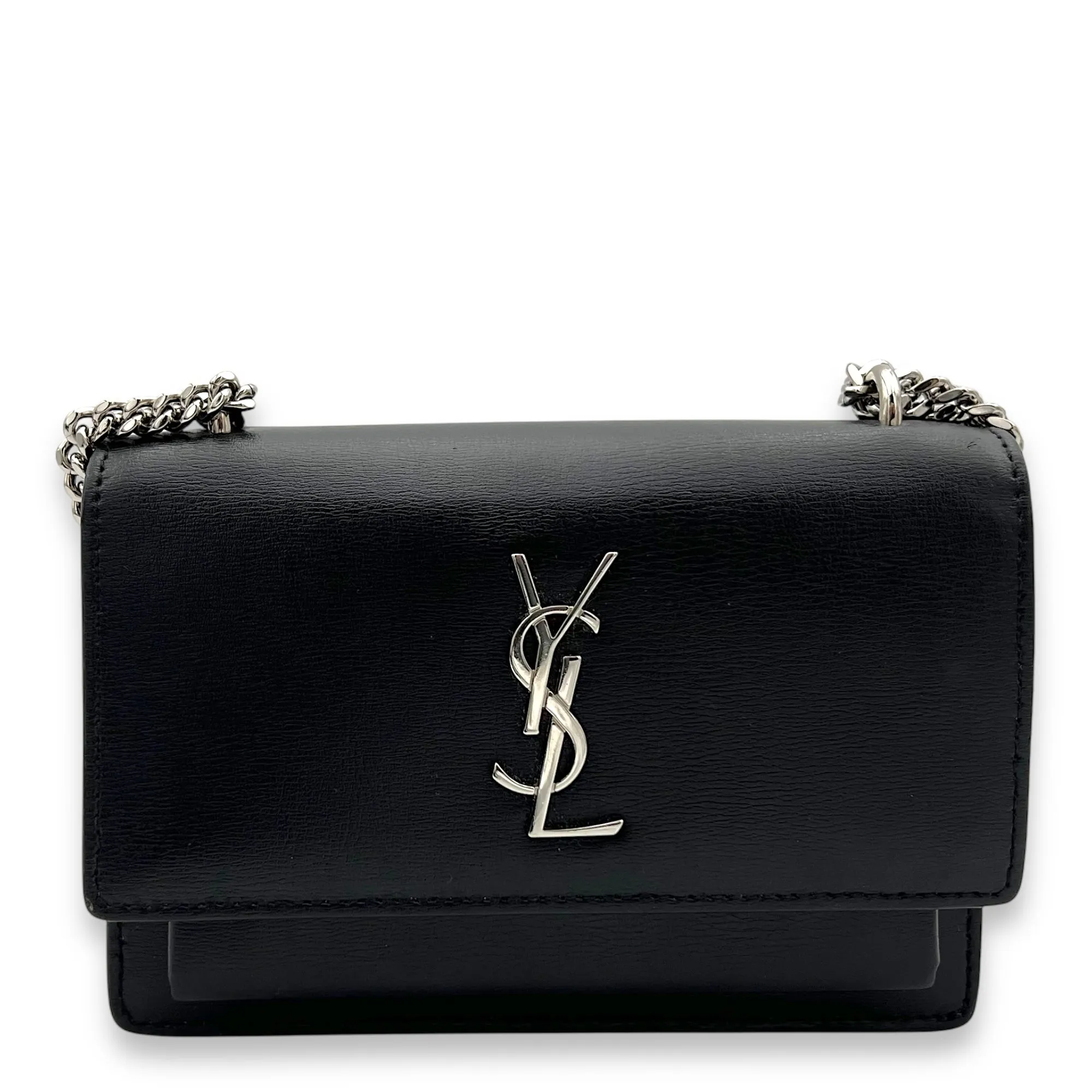 Sunset Crossbody Bag Mini Black in Calfskin, Silver hardware