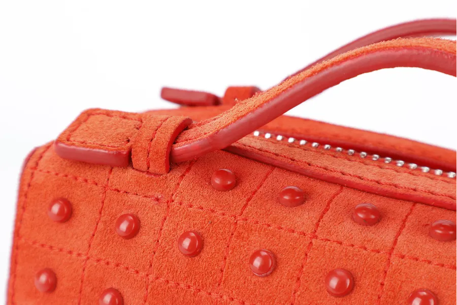 TODS RUBBERSTUD CROSSBODY SLING BAG ORANGE SUEDE SILVER HARDWARE WITH STRAPS AND DUST COVER