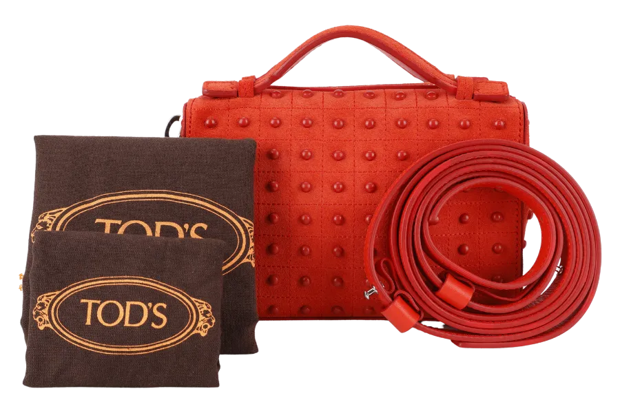 TODS RUBBERSTUD CROSSBODY SLING BAG ORANGE SUEDE SILVER HARDWARE WITH STRAPS AND DUST COVER