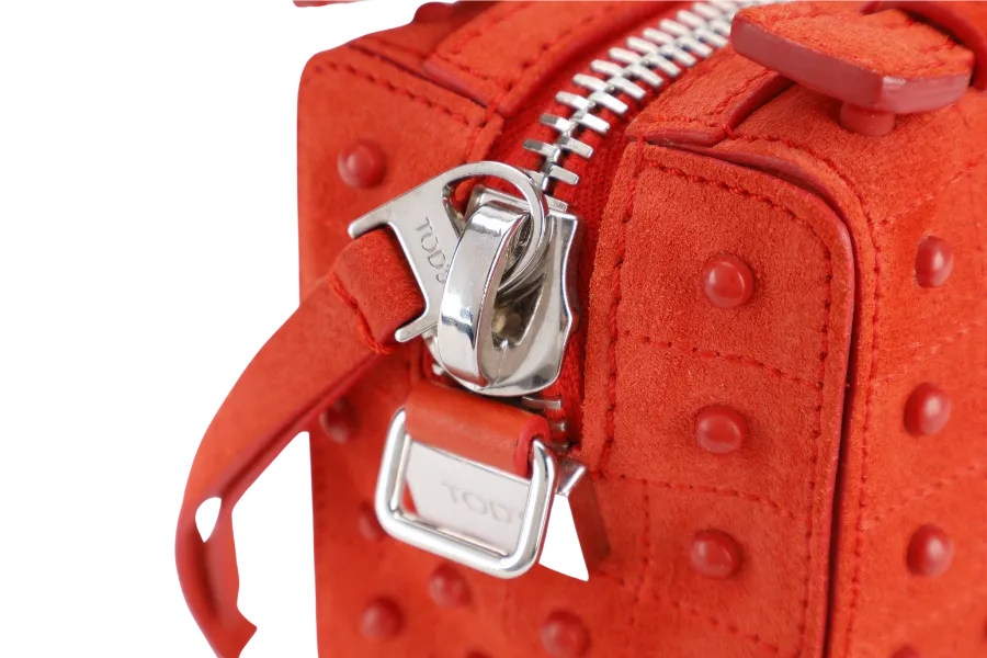 TODS RUBBERSTUD CROSSBODY SLING BAG ORANGE SUEDE SILVER HARDWARE WITH STRAPS AND DUST COVER