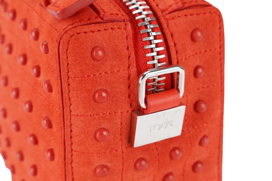 TODS RUBBERSTUD CROSSBODY SLING BAG ORANGE SUEDE SILVER HARDWARE WITH STRAPS AND DUST COVER
