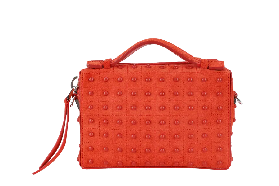 TODS RUBBERSTUD CROSSBODY SLING BAG ORANGE SUEDE SILVER HARDWARE WITH STRAPS AND DUST COVER
