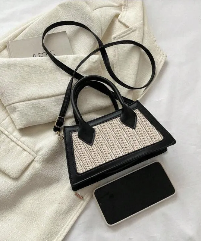Top Handle Mini Straw Woven Black Tote Crossbody Bag