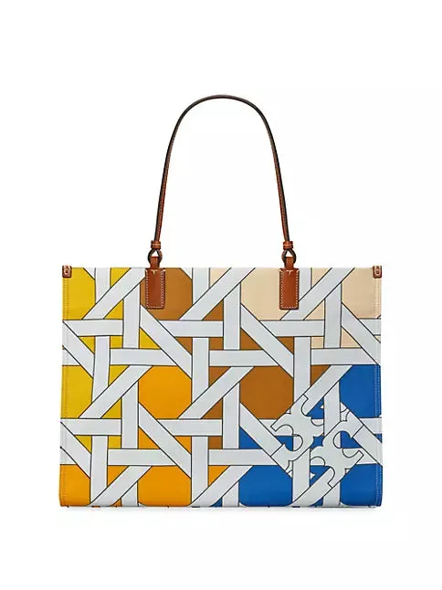 Tory Burch Ella Canvas Basketweave Tote Handbag Bag White Brown Blue NEW