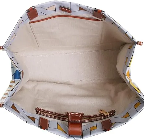 Tory Burch Ella Canvas Basketweave Tote Handbag Bag White Brown Blue NEW