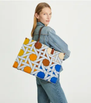 Tory Burch Ella Canvas Basketweave Tote Handbag Bag White Brown Blue NEW