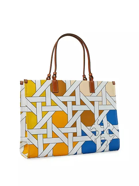 Tory Burch Ella Canvas Basketweave Tote Handbag Bag White Brown Blue NEW