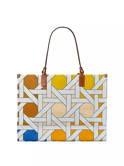 Tory Burch Ella Canvas Basketweave Tote Handbag Bag White Brown Blue NEW