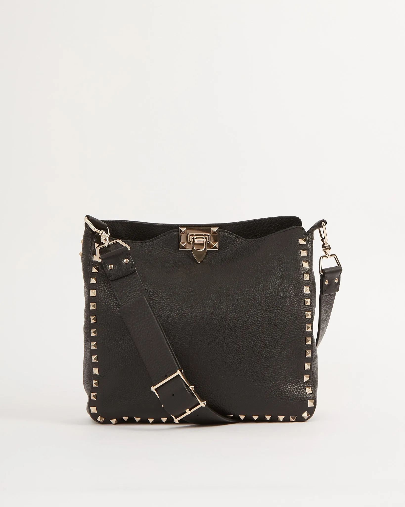 Valentino Black Grained Leather Rockstud Messenger Bag