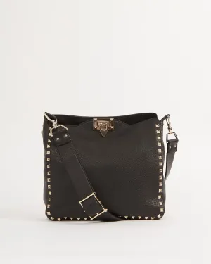 Valentino Black Grained Leather Rockstud Messenger Bag