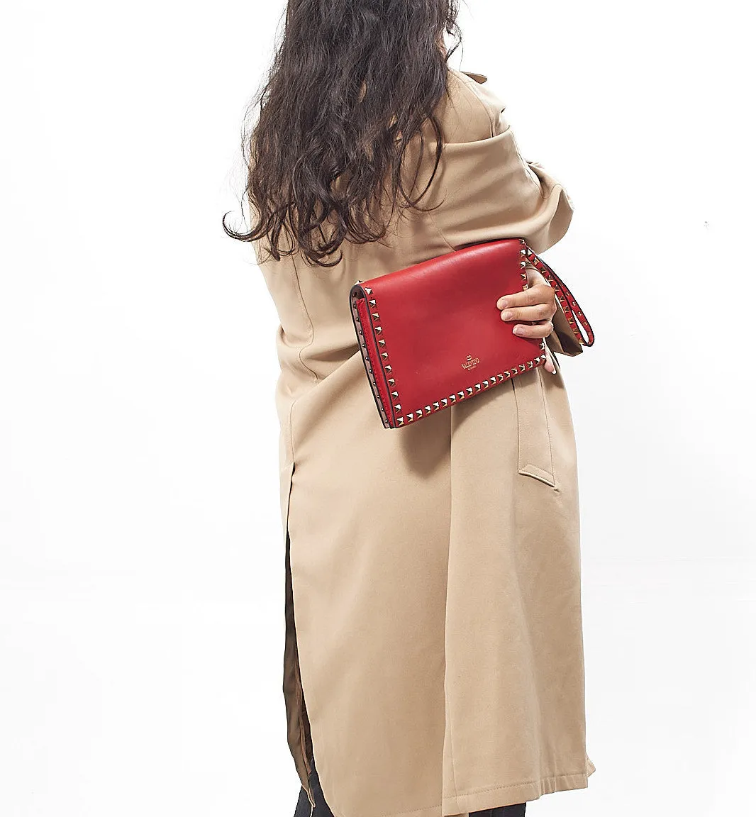 Valentino Red Leather Rockstud Flap Wristlet Clutch