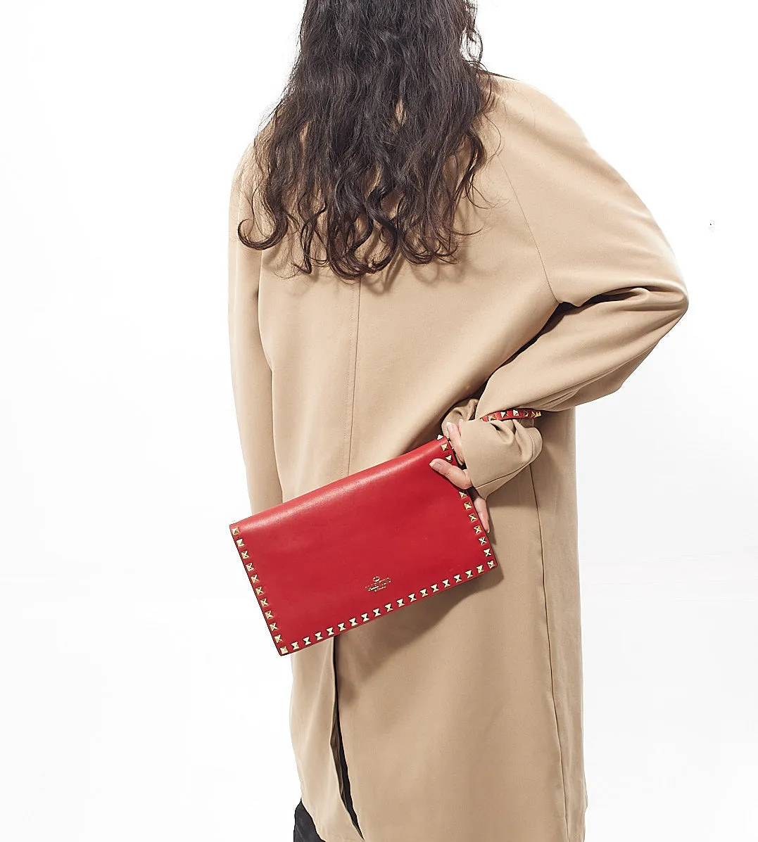 Valentino Red Leather Rockstud Flap Wristlet Clutch