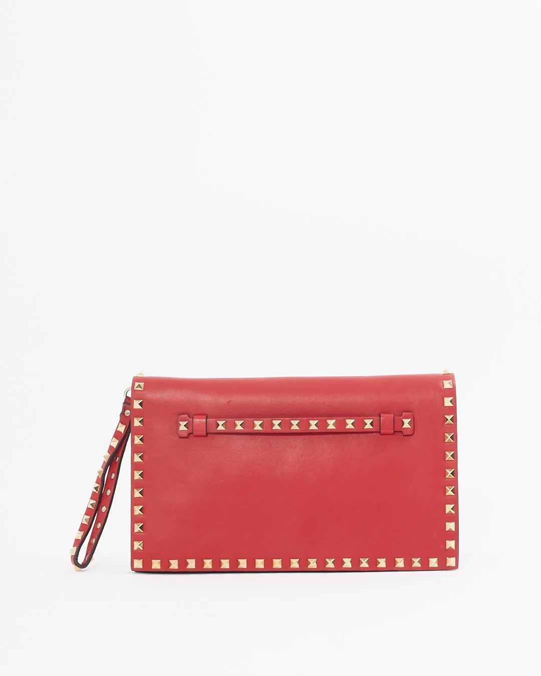 Valentino Red Leather Rockstud Flap Wristlet Clutch
