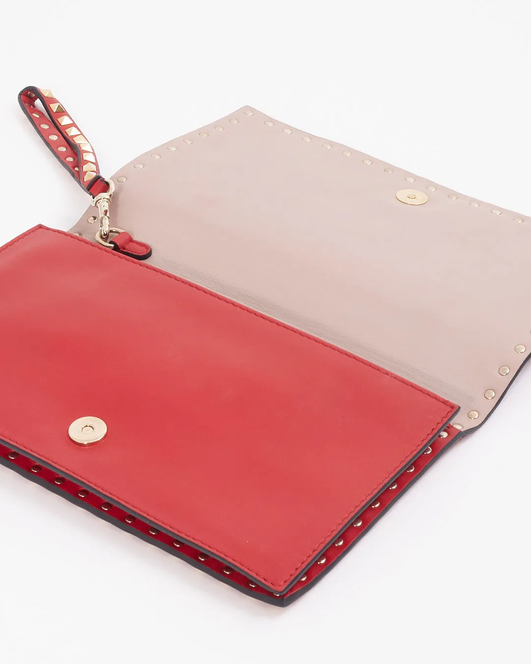 Valentino Red Leather Rockstud Flap Wristlet Clutch