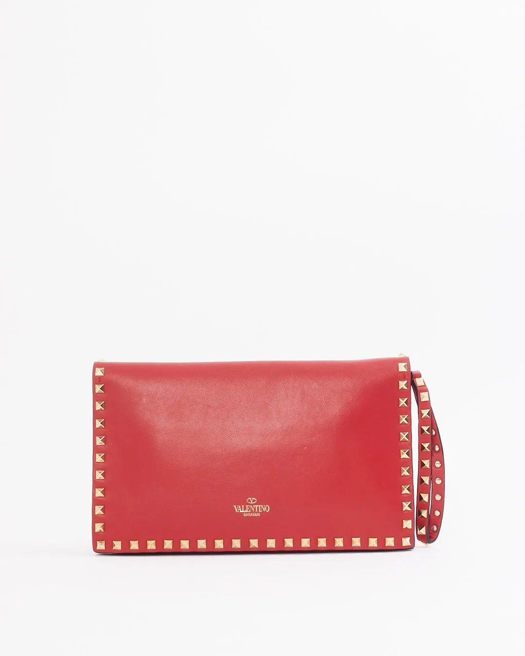 Valentino Red Leather Rockstud Flap Wristlet Clutch