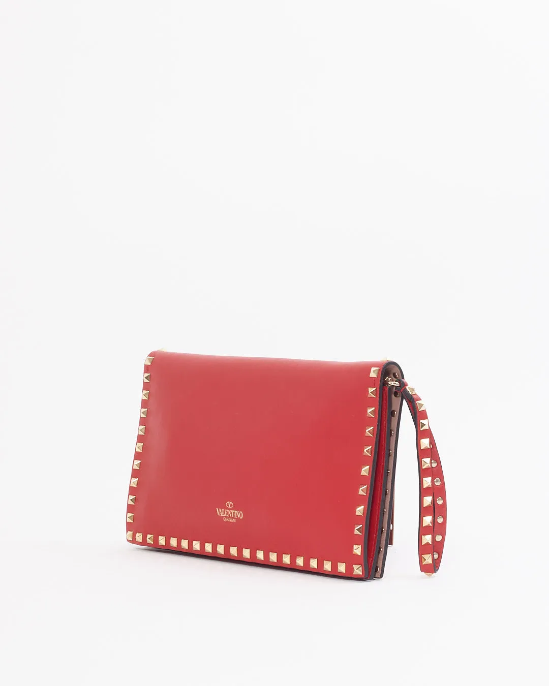 Valentino Red Leather Rockstud Flap Wristlet Clutch