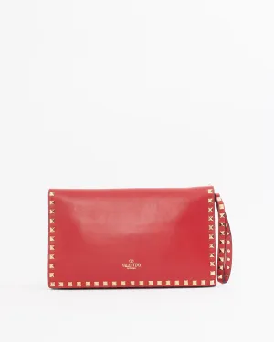 Valentino Red Leather Rockstud Flap Wristlet Clutch