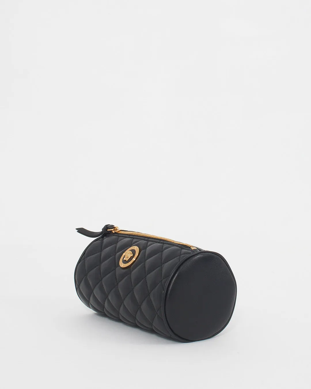 Versace Black Quilted Leather Medusa Head Cylinder Pouch