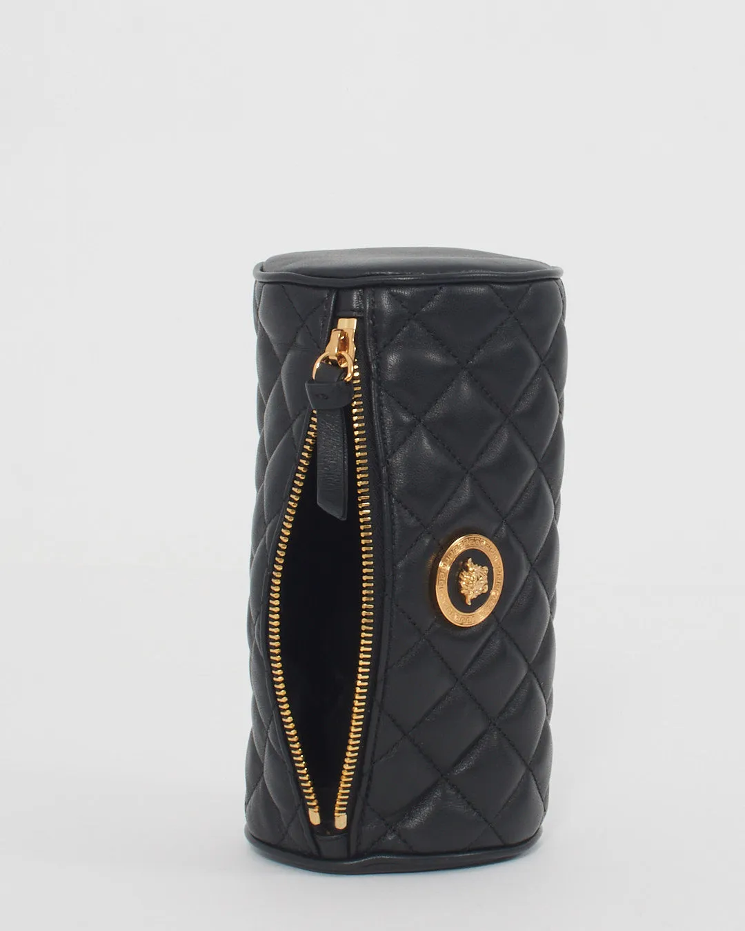 Versace Black Quilted Leather Medusa Head Cylinder Pouch