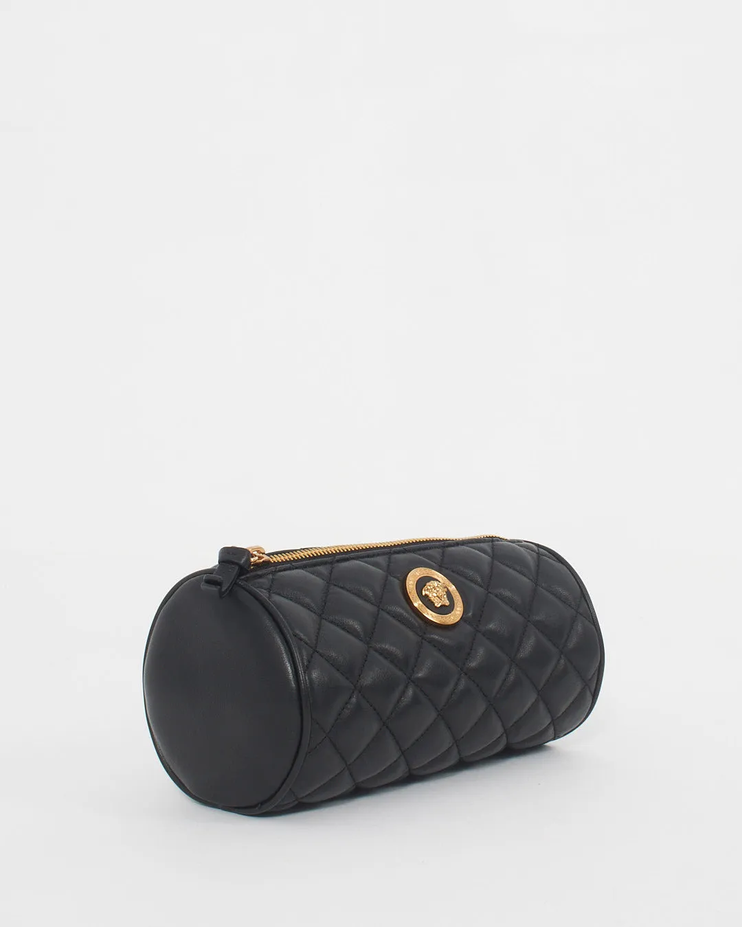 Versace Black Quilted Leather Medusa Head Cylinder Pouch