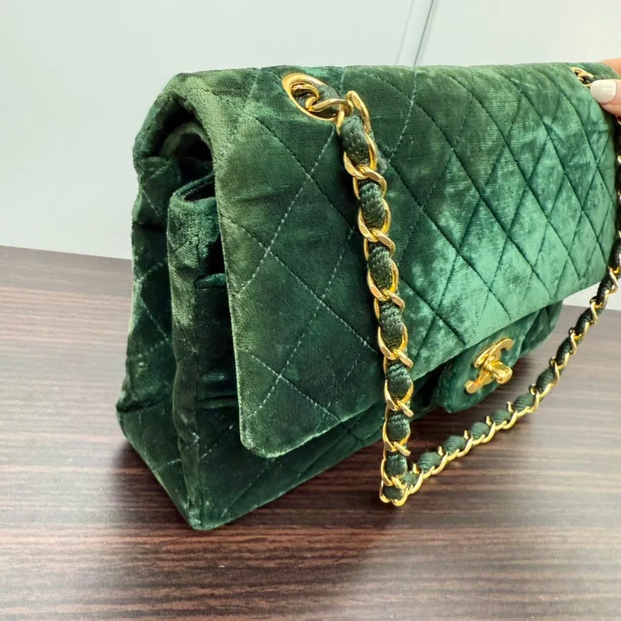 Vintage Chanel Velvet Classic Double Flap Bag LB110101 Green Shoulder Bag