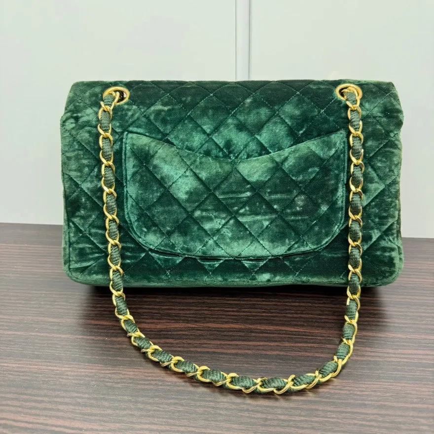 Vintage Chanel Velvet Classic Double Flap Bag LB110101 Green Shoulder Bag