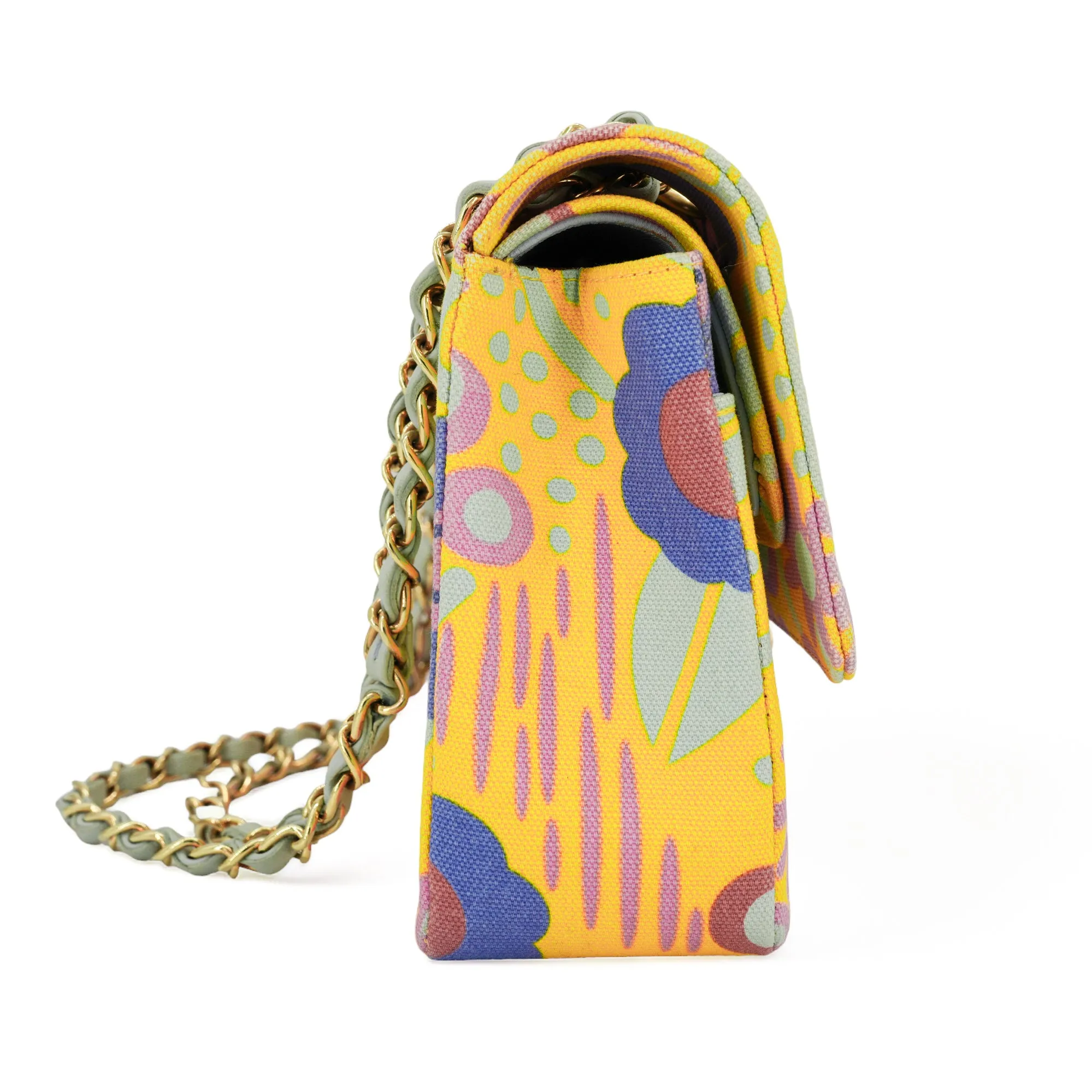Vintage Yellow Floral Canvas Medium Classic Double Flap Bag