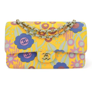 Vintage Yellow Floral Canvas Medium Classic Double Flap Bag