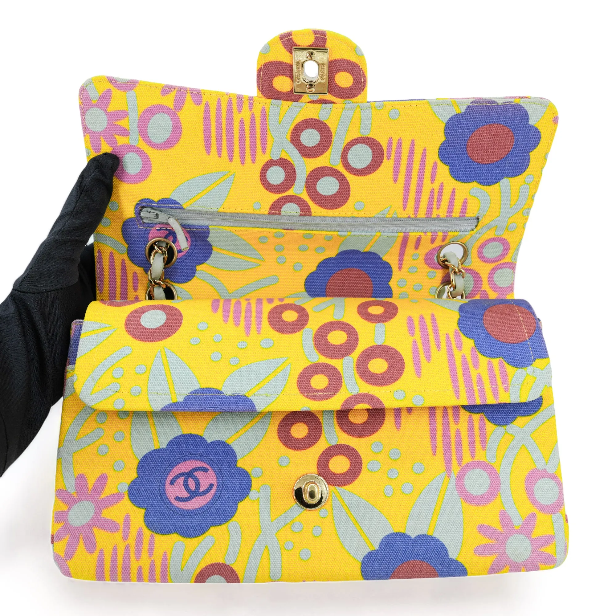 Vintage Yellow Floral Canvas Medium Classic Double Flap Bag