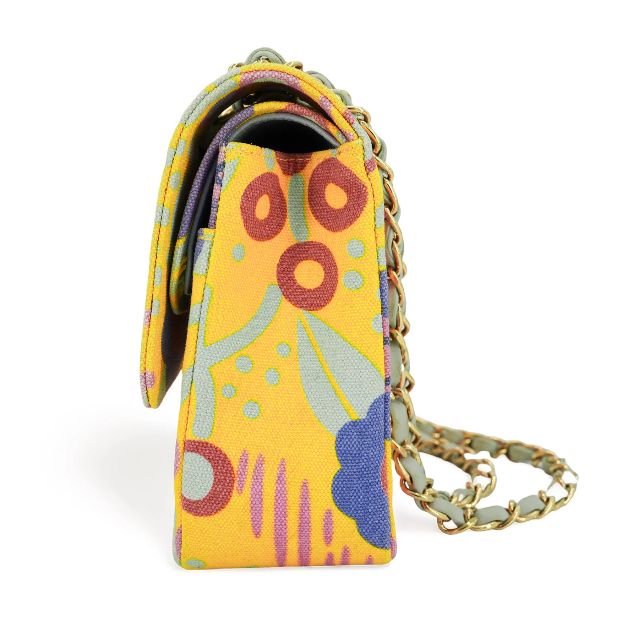 Vintage Yellow Floral Canvas Medium Classic Double Flap Bag