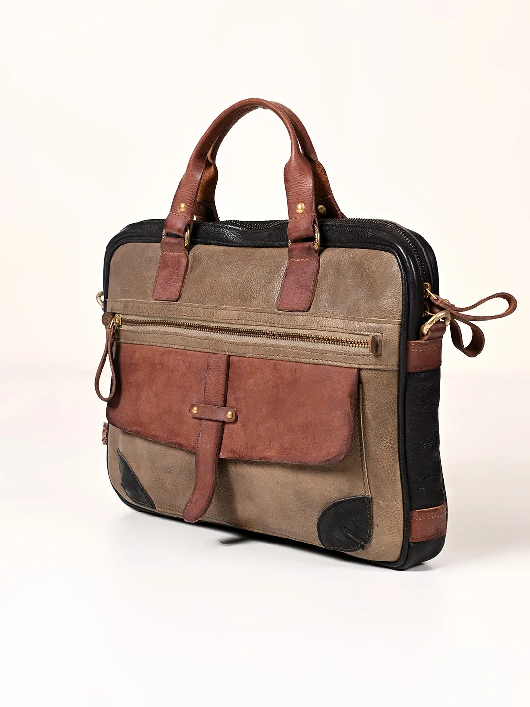 Winger : Olive With Black Real Leather Laptop Bag by Art N Vintage
