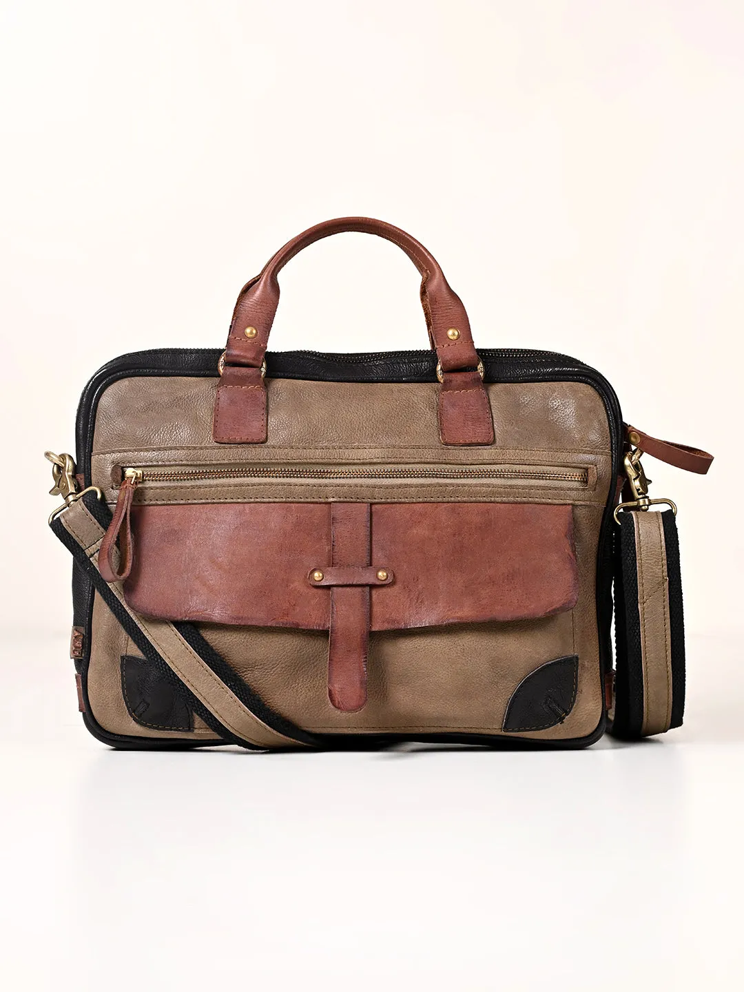 Winger : Olive With Black Real Leather Laptop Bag by Art N Vintage