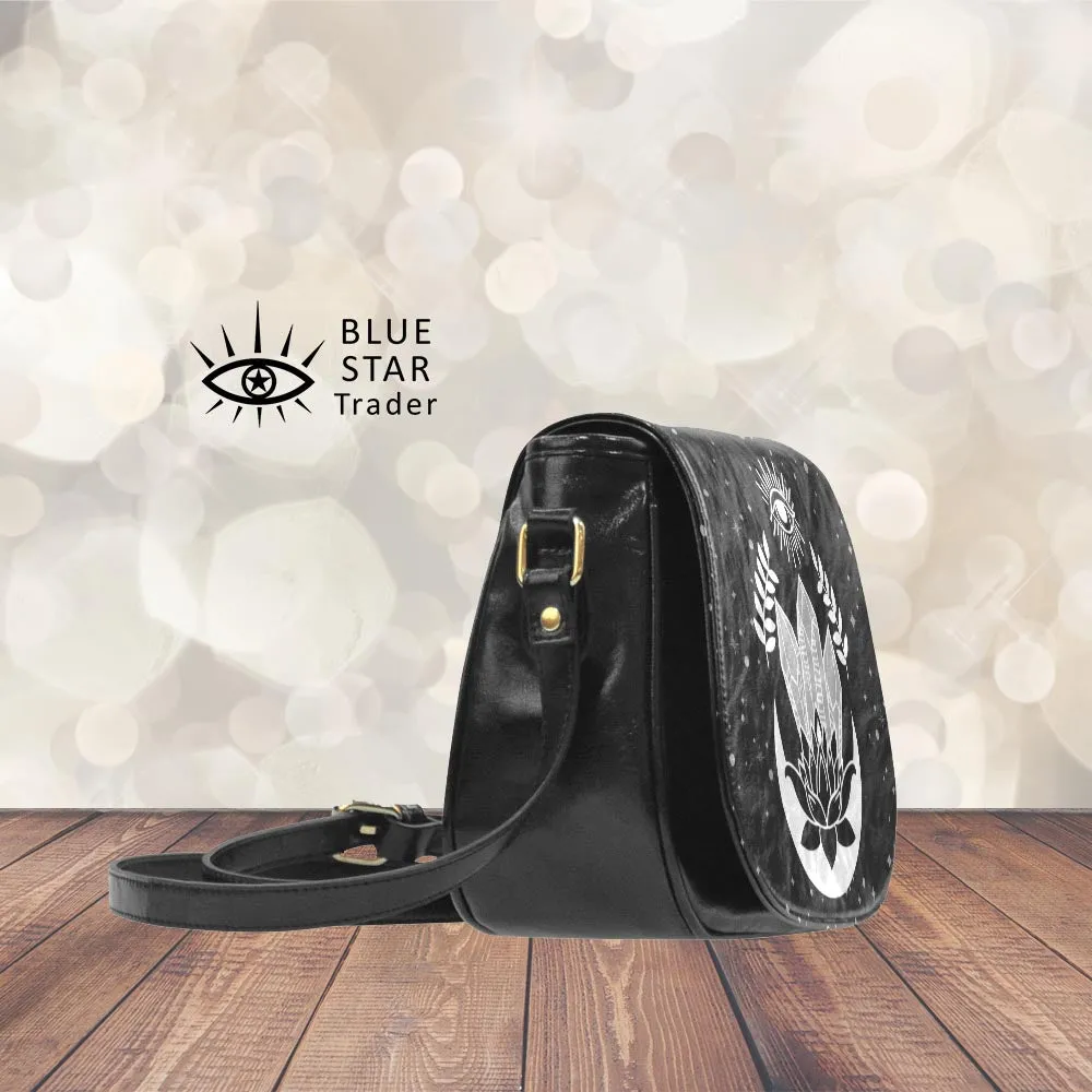 Witch Lemurian Crystals Moon Bag, Vegan Saddle Bag Purse Lotus Flower, Seeing Eye Saddlebag
