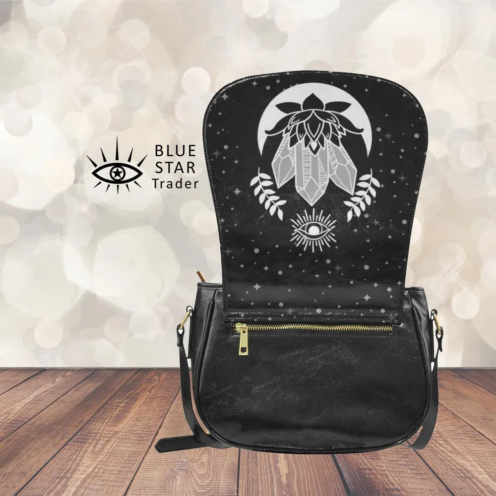 Witch Lemurian Crystals Moon Bag, Vegan Saddle Bag Purse Lotus Flower, Seeing Eye Saddlebag