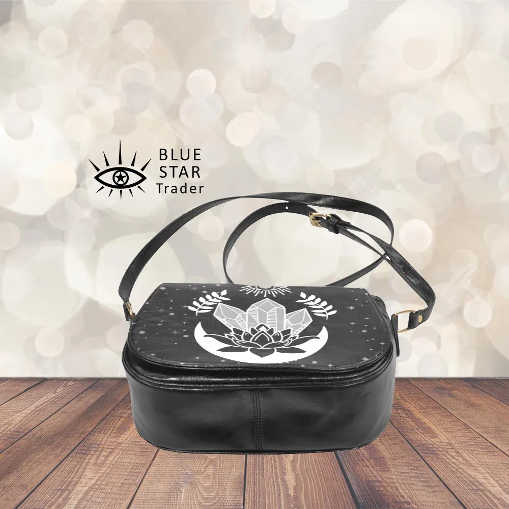 Witch Lemurian Crystals Moon Bag, Vegan Saddle Bag Purse Lotus Flower, Seeing Eye Saddlebag