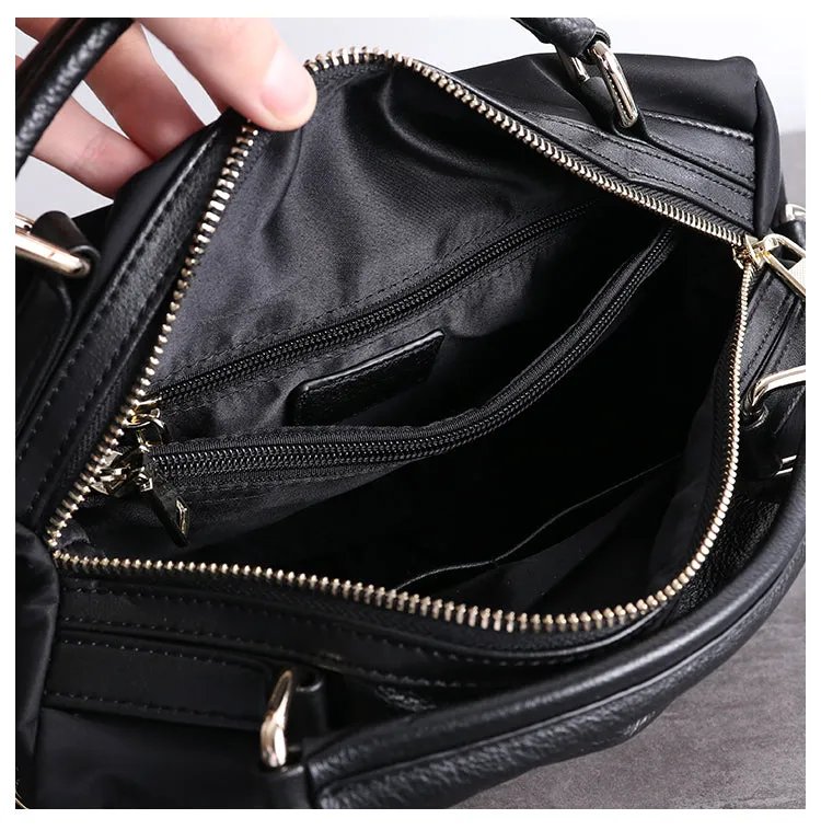 Womens Nylon Leather Boston Handbags Womens Black Nylon Boston Shoulder Purse for Ladies