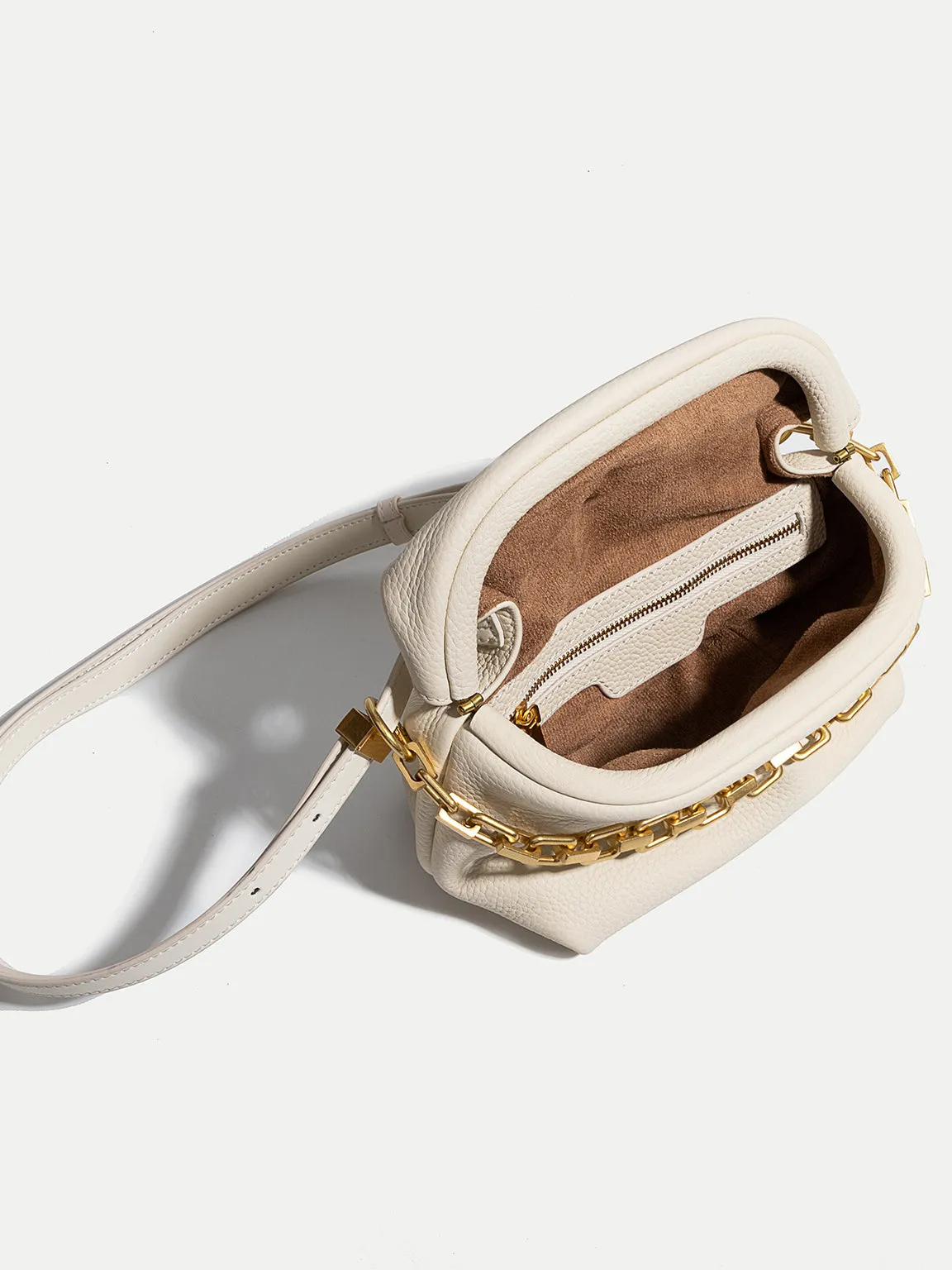 Women's Puffy Small Leather Shoulder Bag Cloud Bucket Pouch Gold Chain