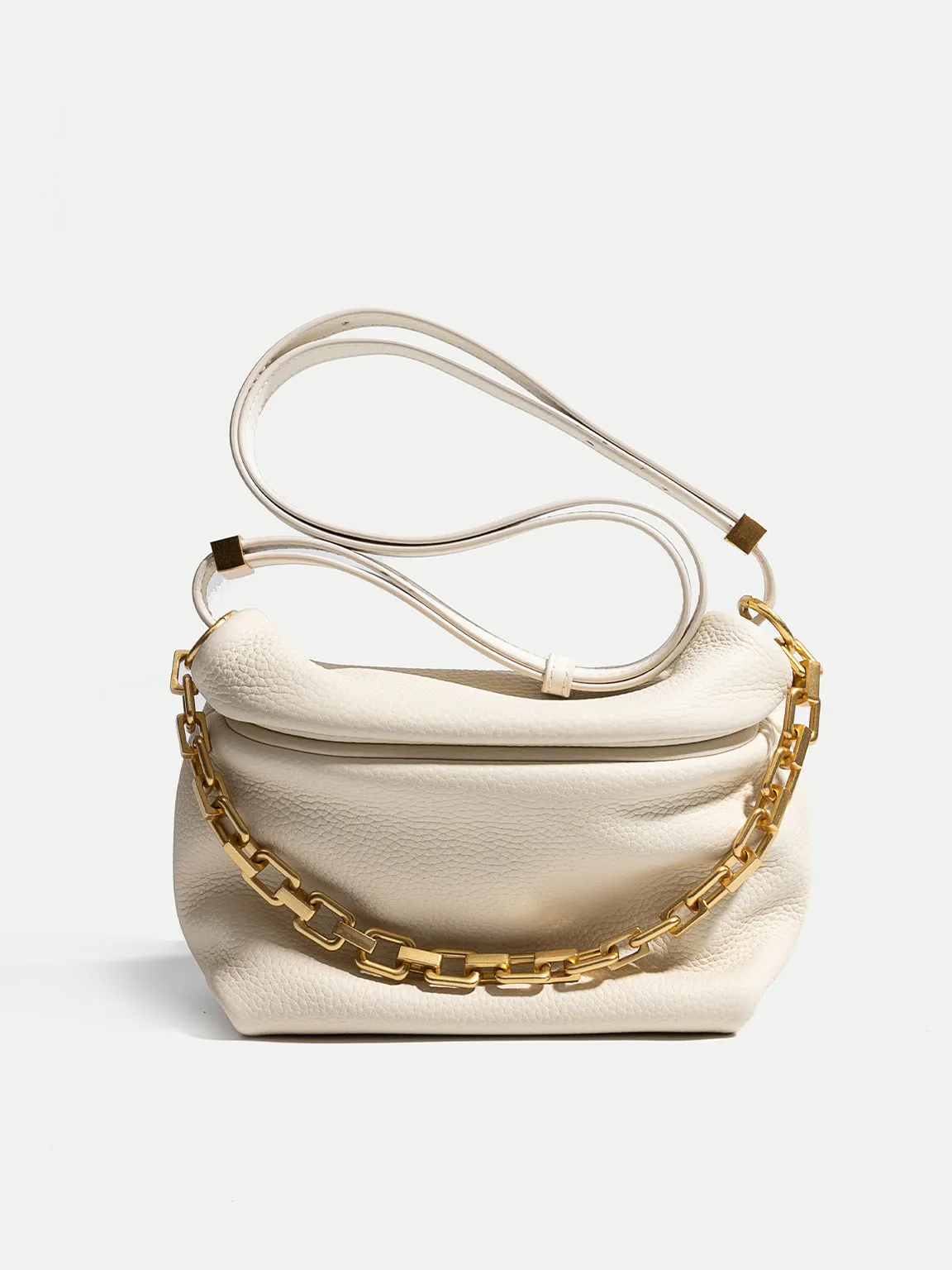 Women's Puffy Small Leather Shoulder Bag Cloud Bucket Pouch Gold Chain