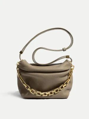 Women's Puffy Small Leather Shoulder Bag Cloud Bucket Pouch Gold Chain