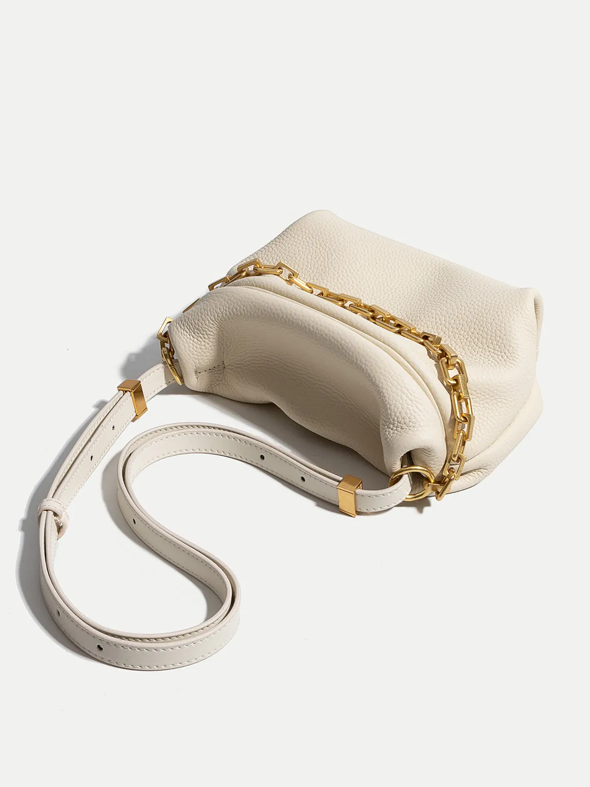 Women's Puffy Small Leather Shoulder Bag Cloud Bucket Pouch Gold Chain