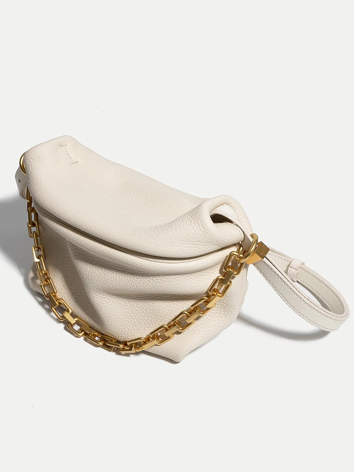 Women's Puffy Small Leather Shoulder Bag Cloud Bucket Pouch Gold Chain